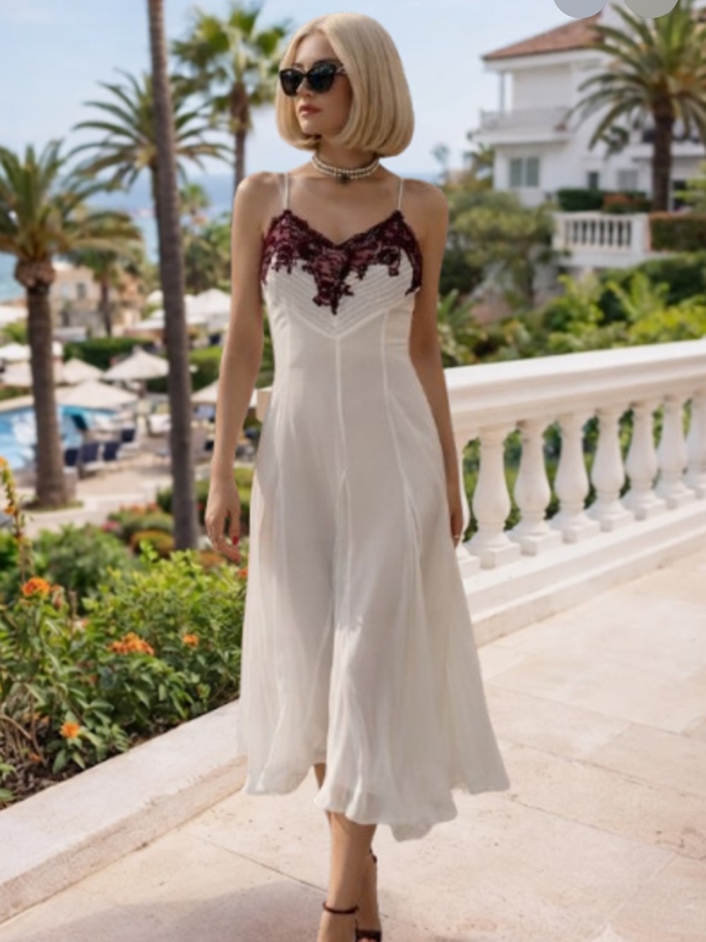 Zara White Midi Slip Dress with Burgundy Lace Bodice